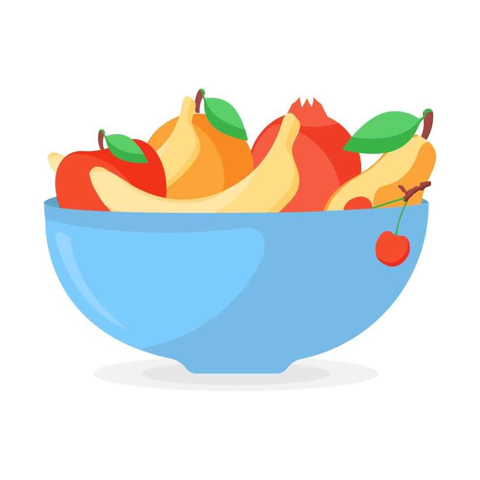 Bowl with fruits. Bananas, apples, pomegranate, cherry, orange, pear. vector