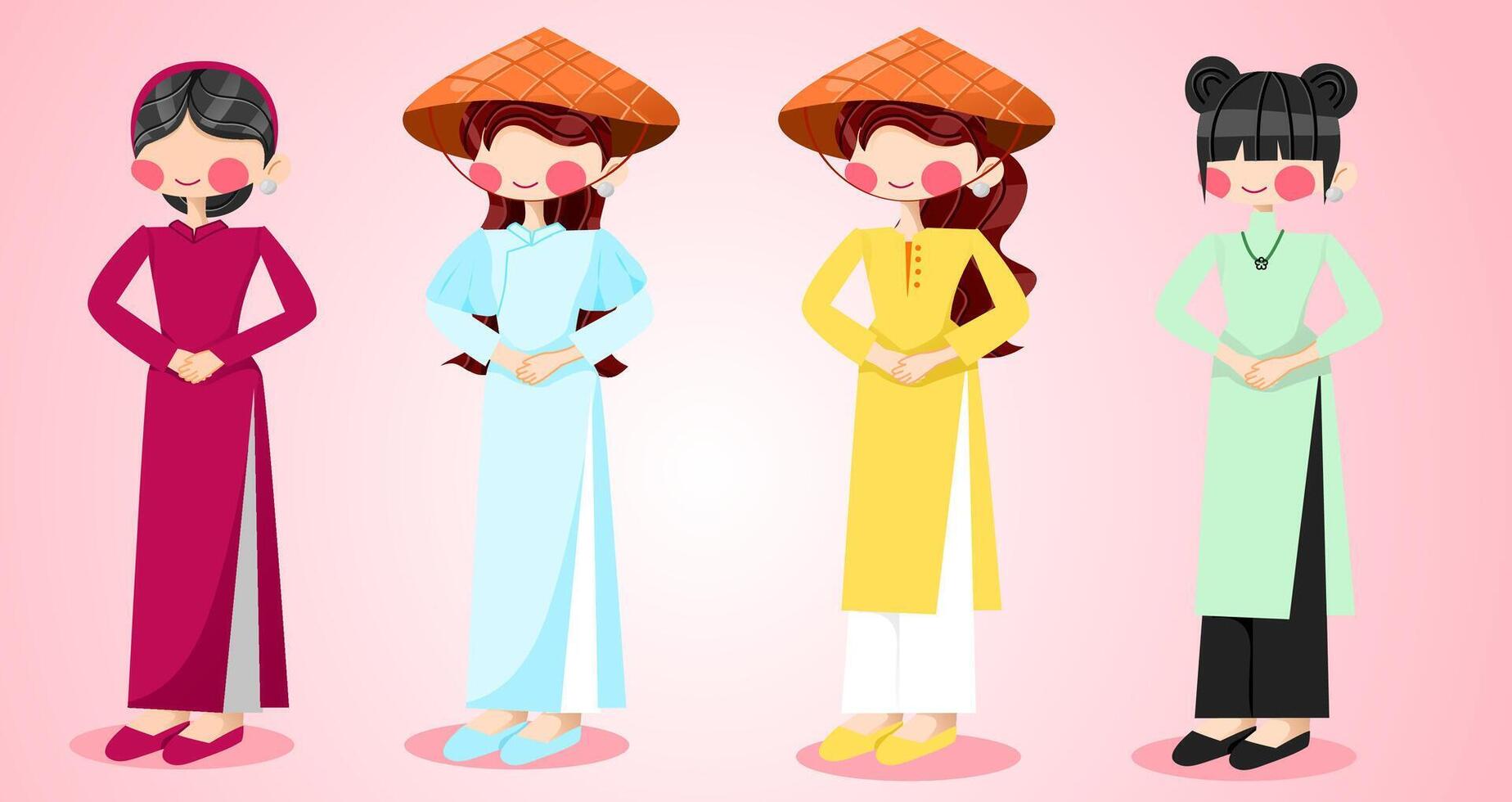 Set aodai vietnames with pink background vector