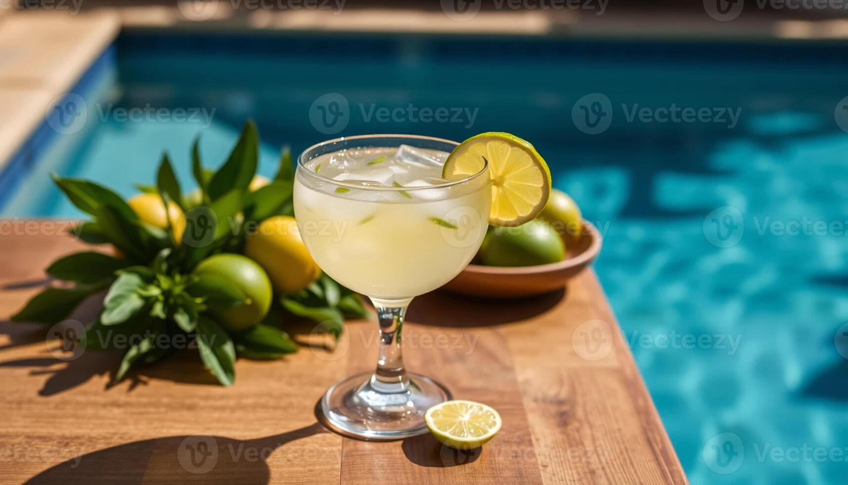 A glass of lemonade with lime slices on a table near a pool photo