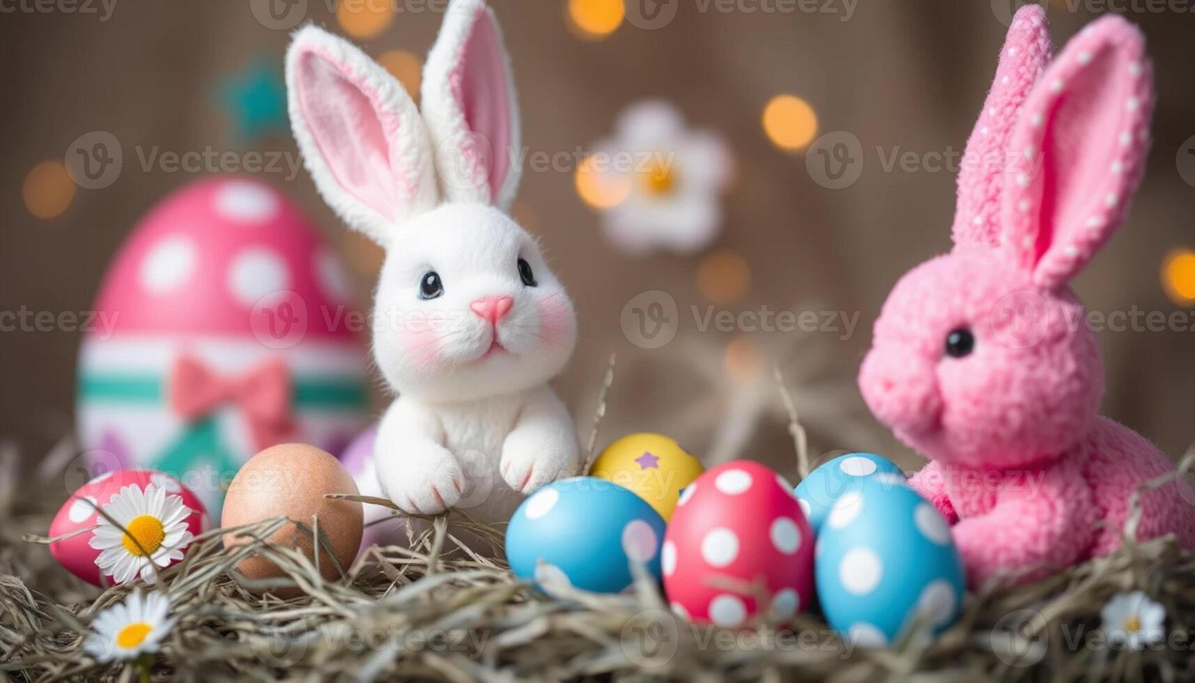 Two stuffed bunnies and colorful eggs sit in a nest photo