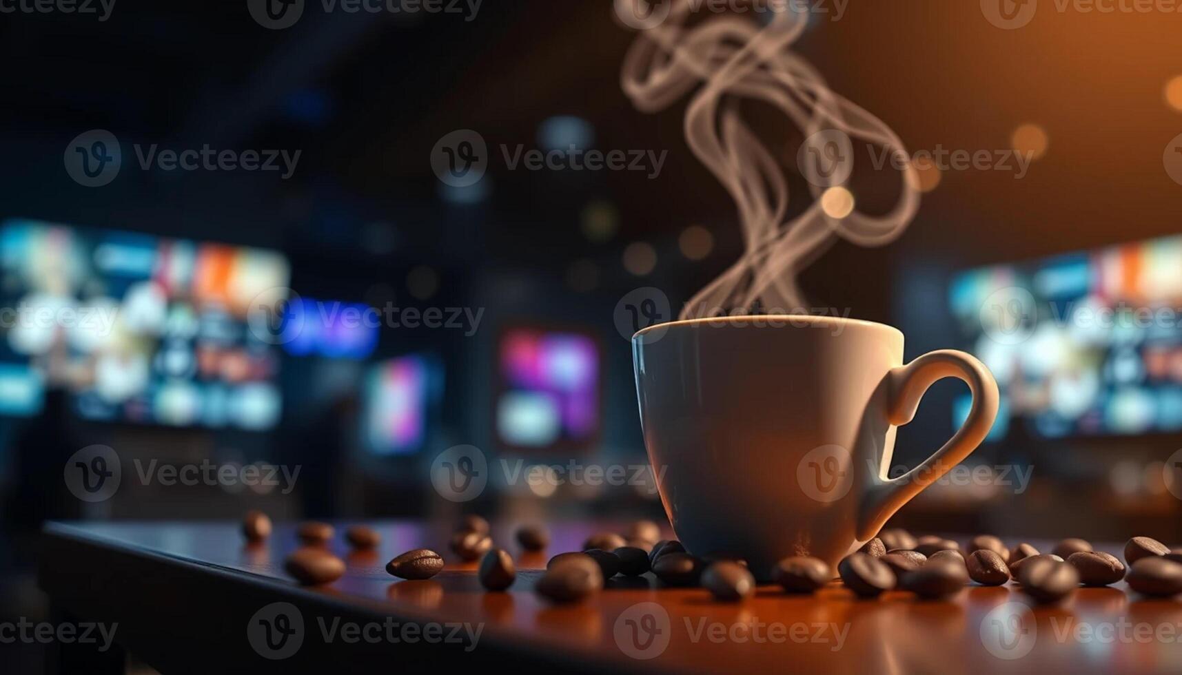 Coffee cup with steaming coffee beans on a table photo