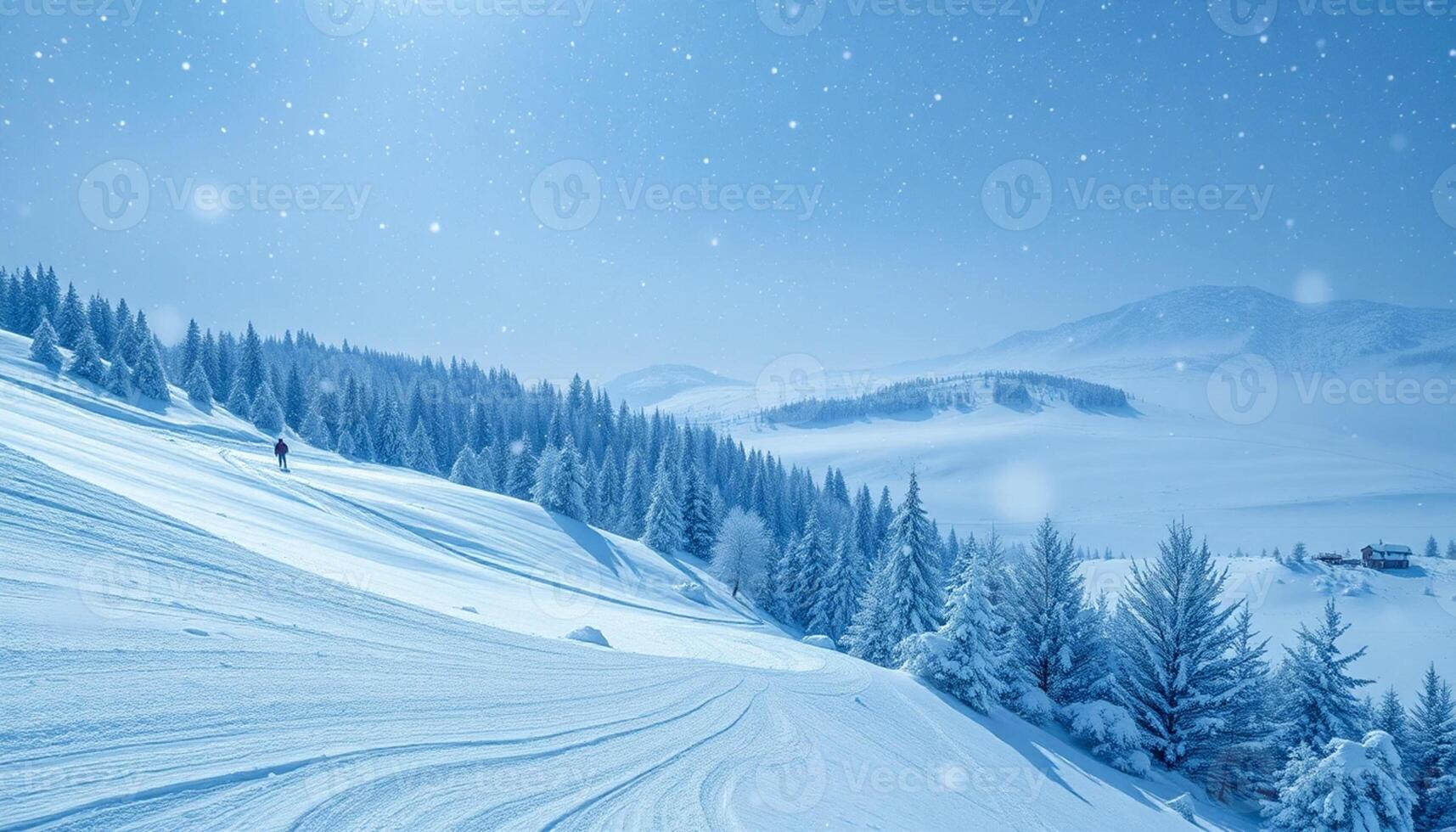 A snowy mountain landscape with trees and snow photo