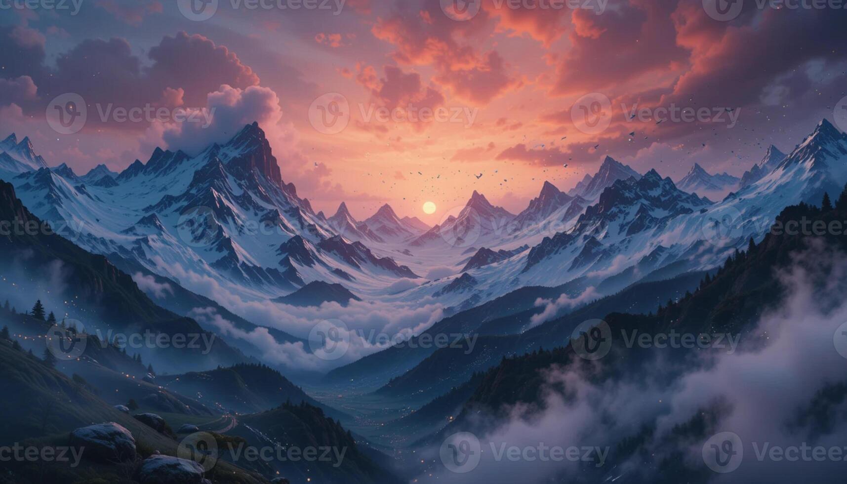 The sun is setting over a mountain range photo