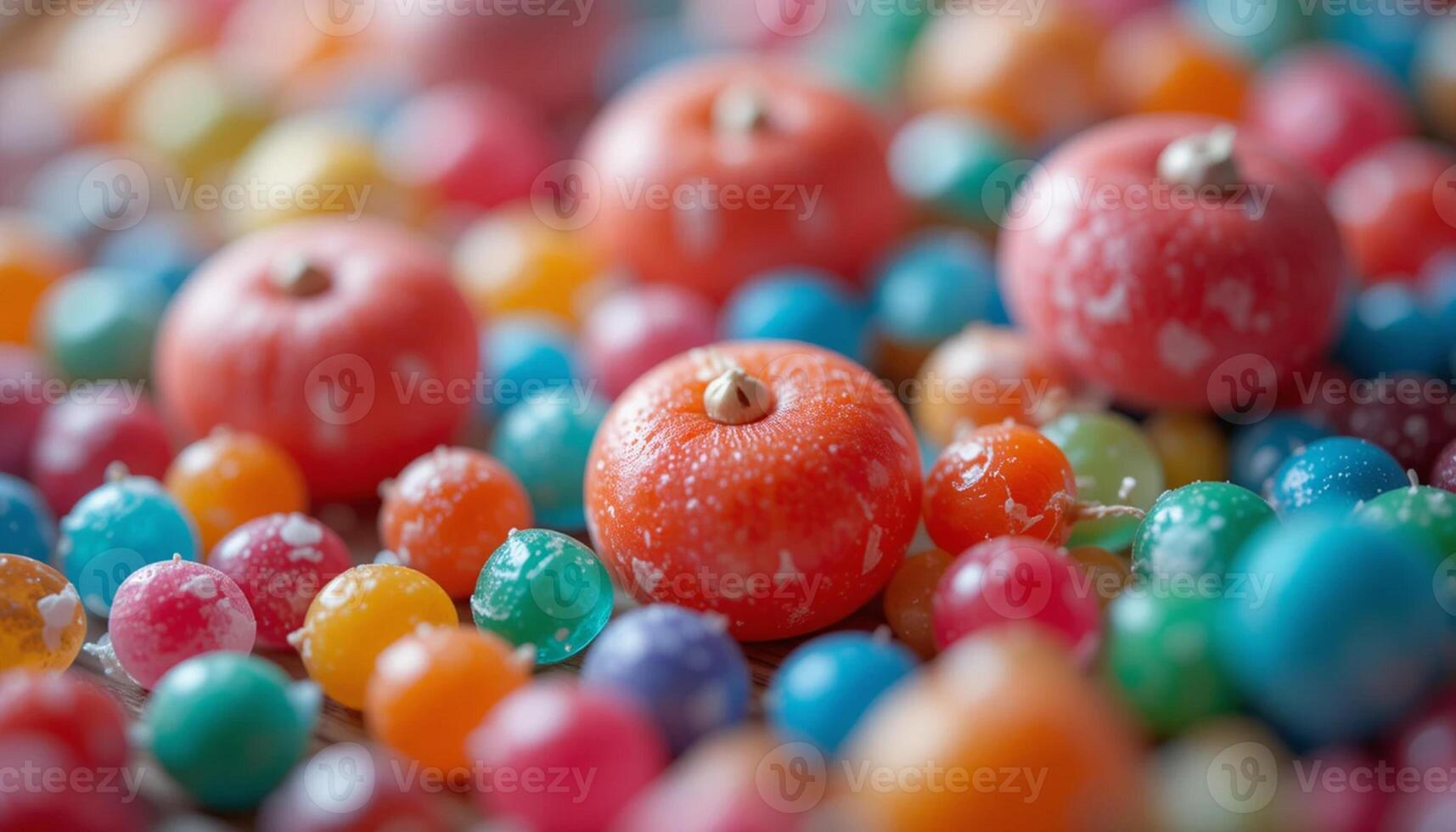 A pile of colorful candy balls with a pumpkin in the middle photo