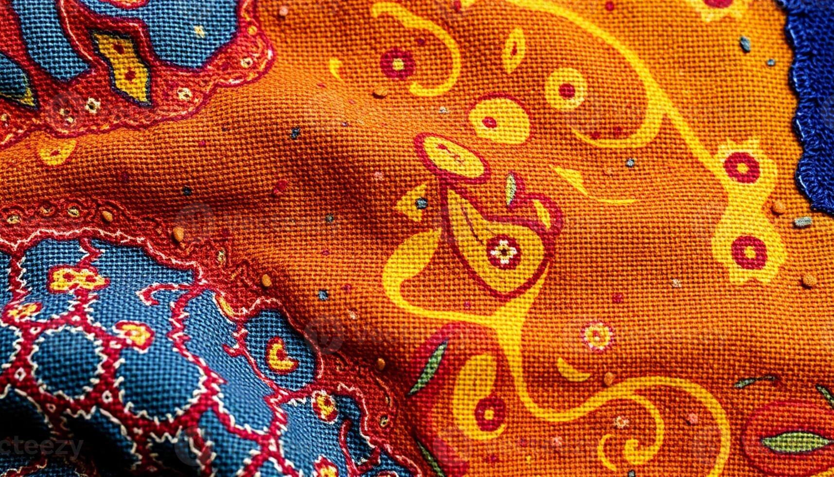 A close up of a colorful paisley pattern on a fabric photo