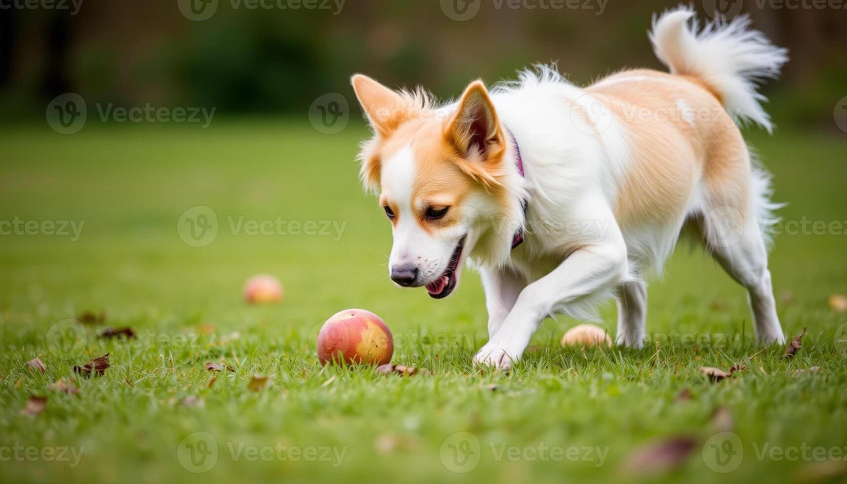 A dog playing with an apple in the grass photo