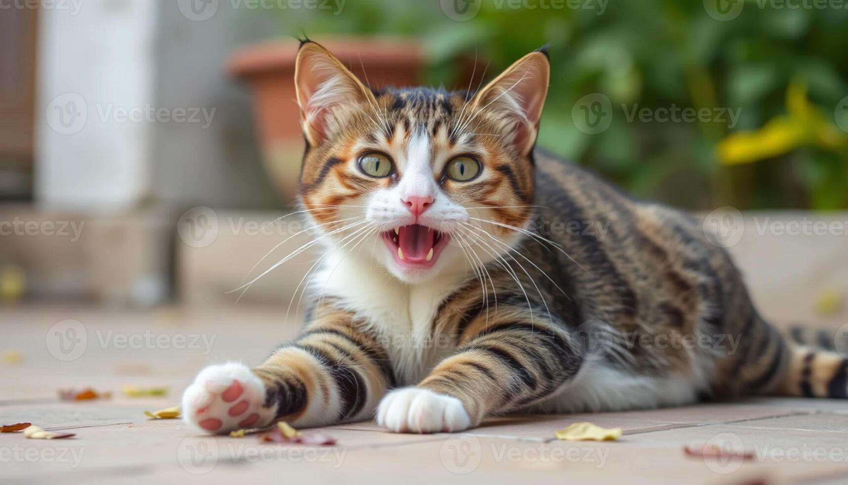 A cat with its mouth open laying on the ground photo