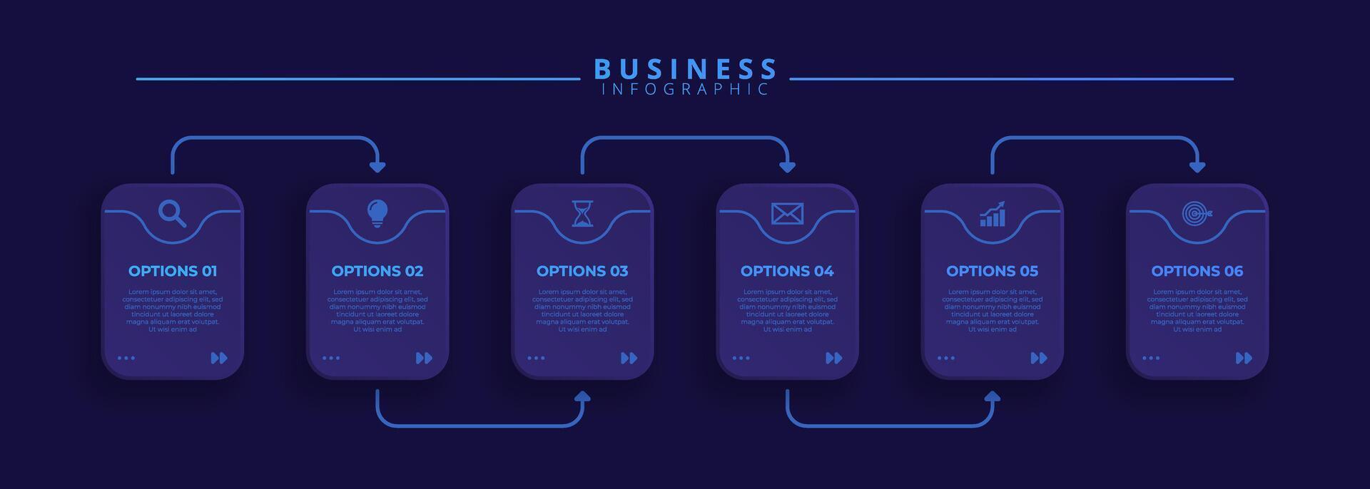 Infographic dark template featuring 6 steps with icons, designed for business concepts. vector