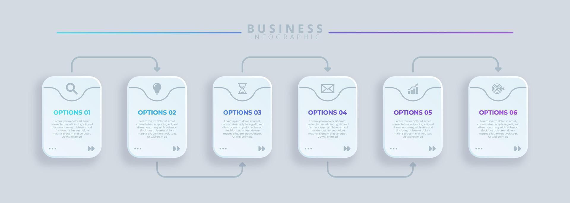 Infographic template featuring 6 steps with icons, designed for business concepts. Ideal for presentations, banners, workflow layouts, process diagrams, flowcharts, and data visualization. vector