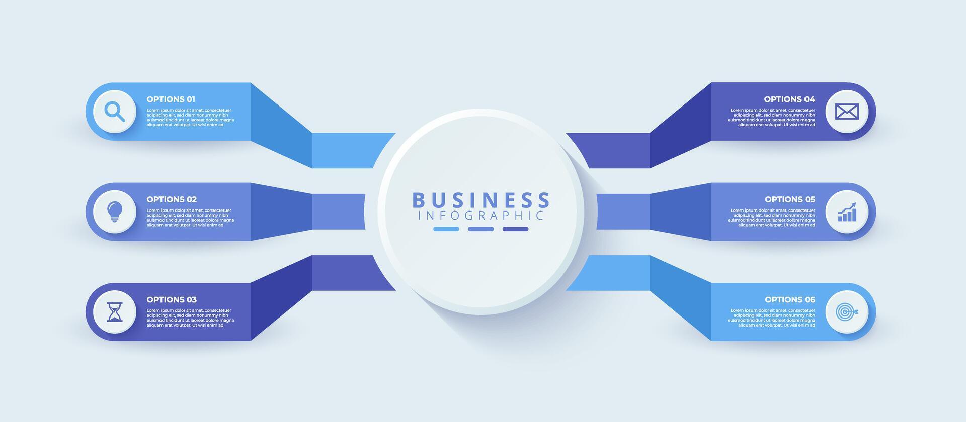 Infographic template featuring 6 steps with icons, designed for business concepts. Ideal for presentations, banners vector