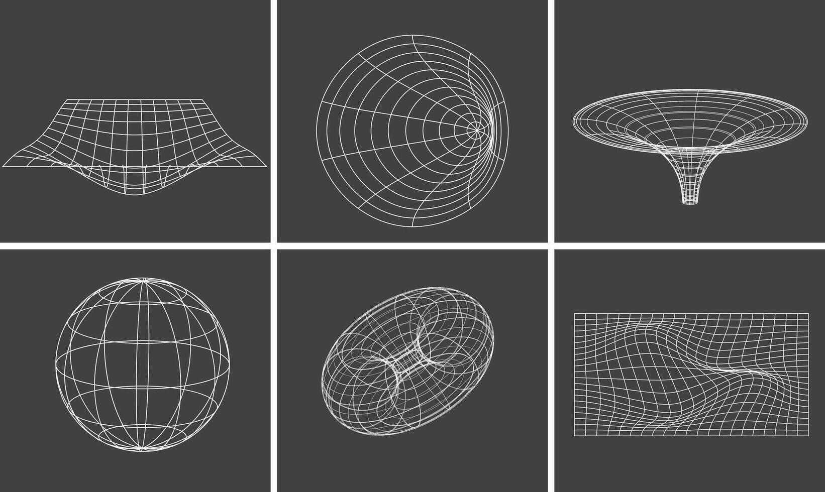 Collection of circle, spheres, grid wireframe distorted mesh.Retrofuturistic graphic vector