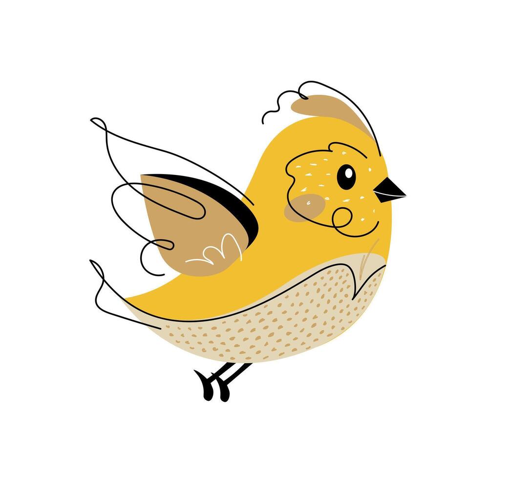 Funny yellow bird with hand drawn black line in doodle style. illustration isolated on a white background vector