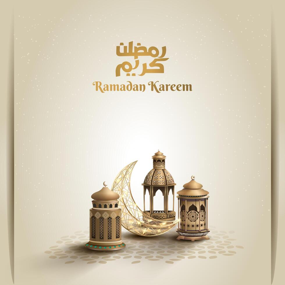 islamic greetings ramadan kareem card design with golden crescent and lanterns vector