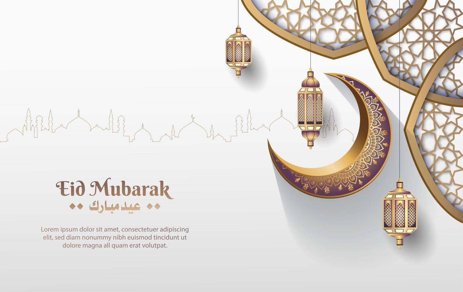 eid mubarak greeting card design with islamic ornament and crescent vector