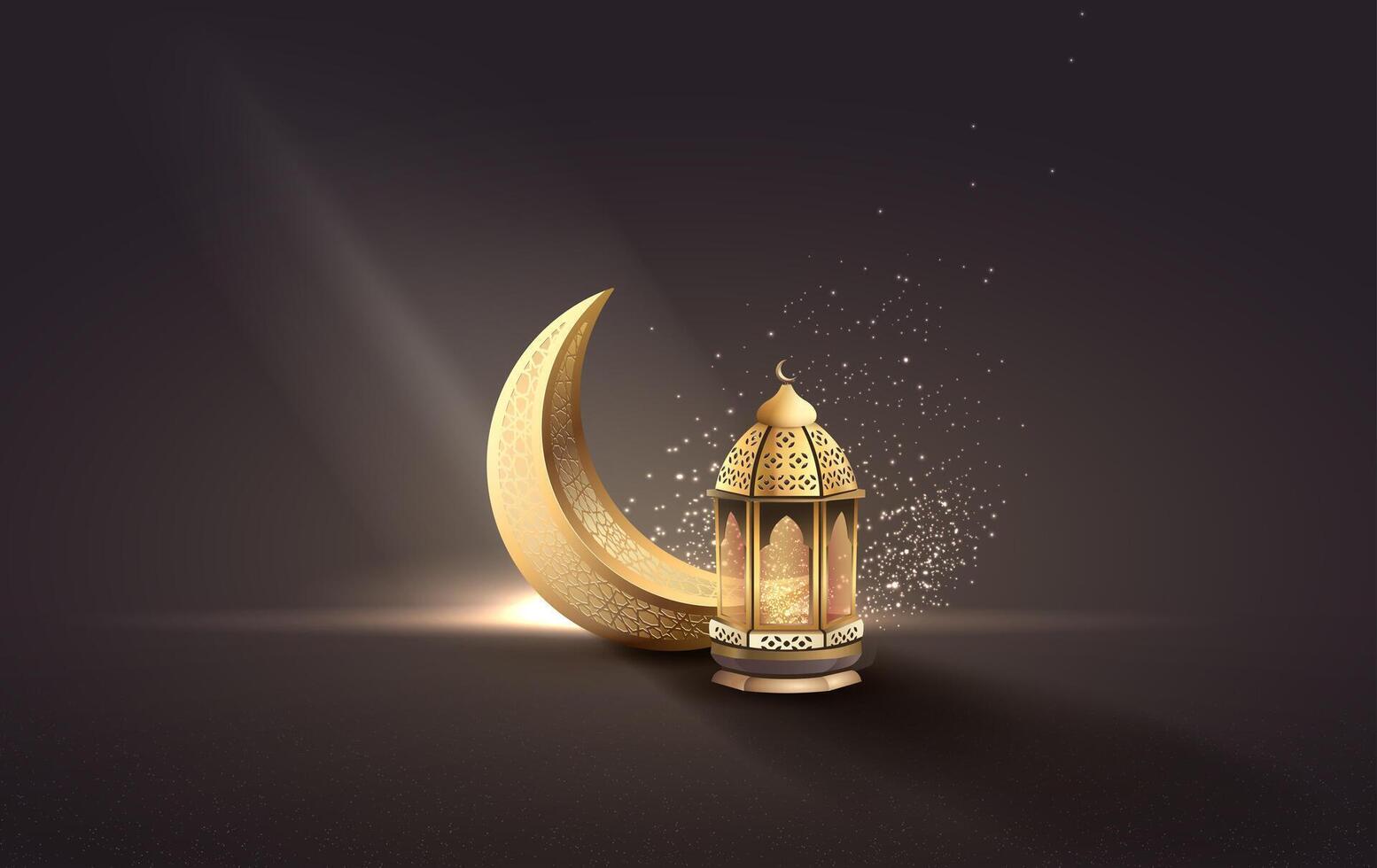 islamic greeting card design with golden crescent moon and lantern vector