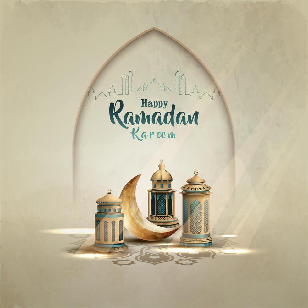 Ramadan kareem greeting card with Islamic ornament and lanterns vector