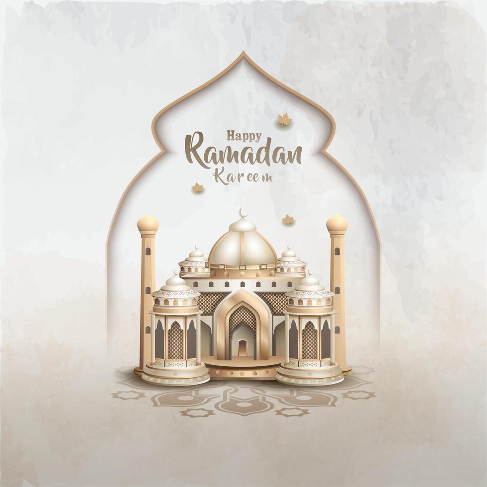 islamic greetings ramadan kareem card design with beautiful white mosque vector