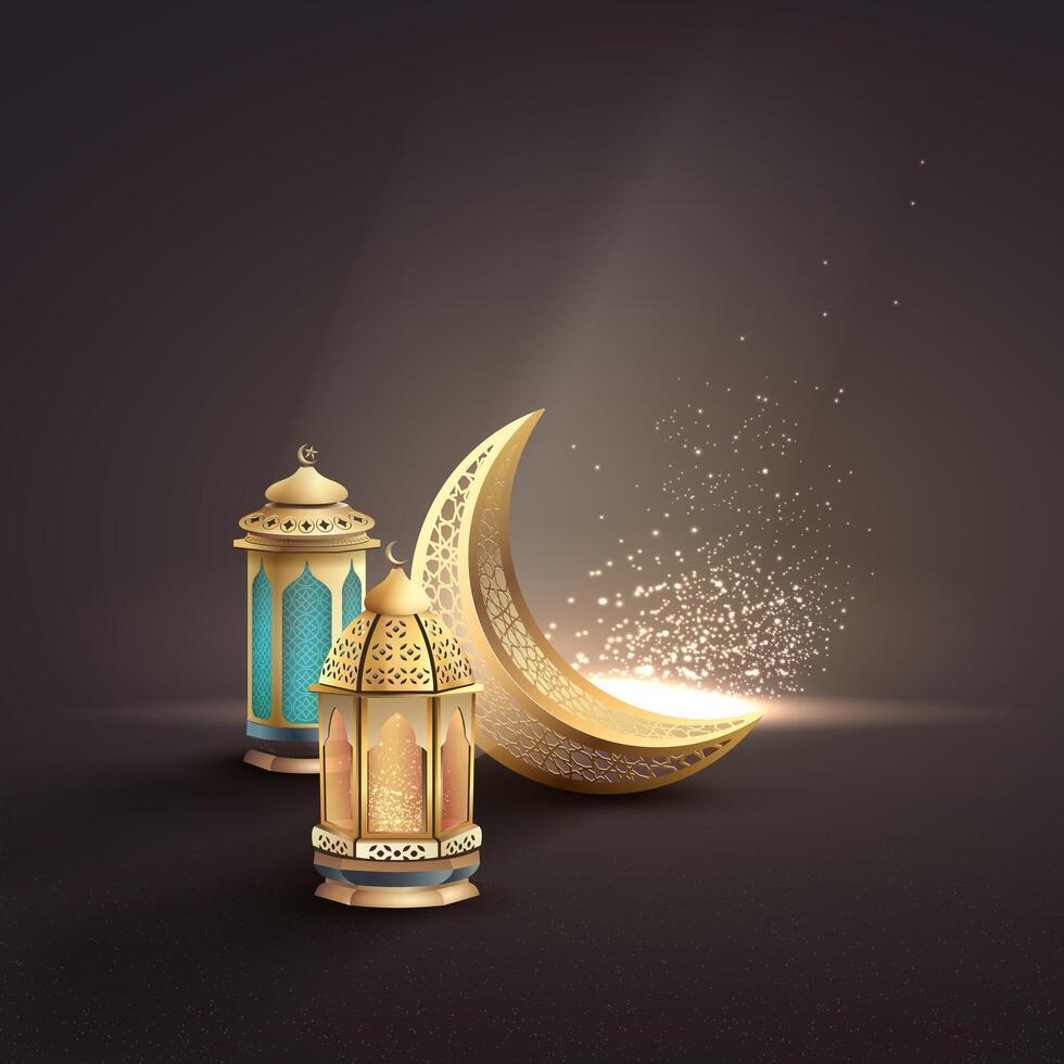 islamic greetings template card design with golden crescent moon and beautiful lanterns vector