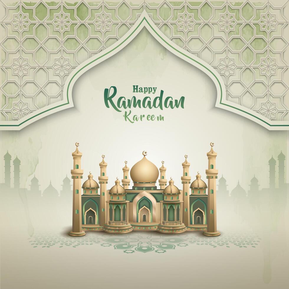 ramadan kareem card design with beautiful mosque and islamic ornament vector