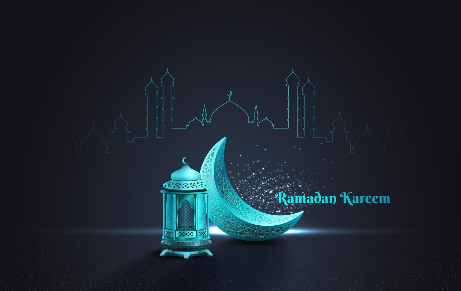 islamic greetings card template design with beautiful blue lantern and crescent vector