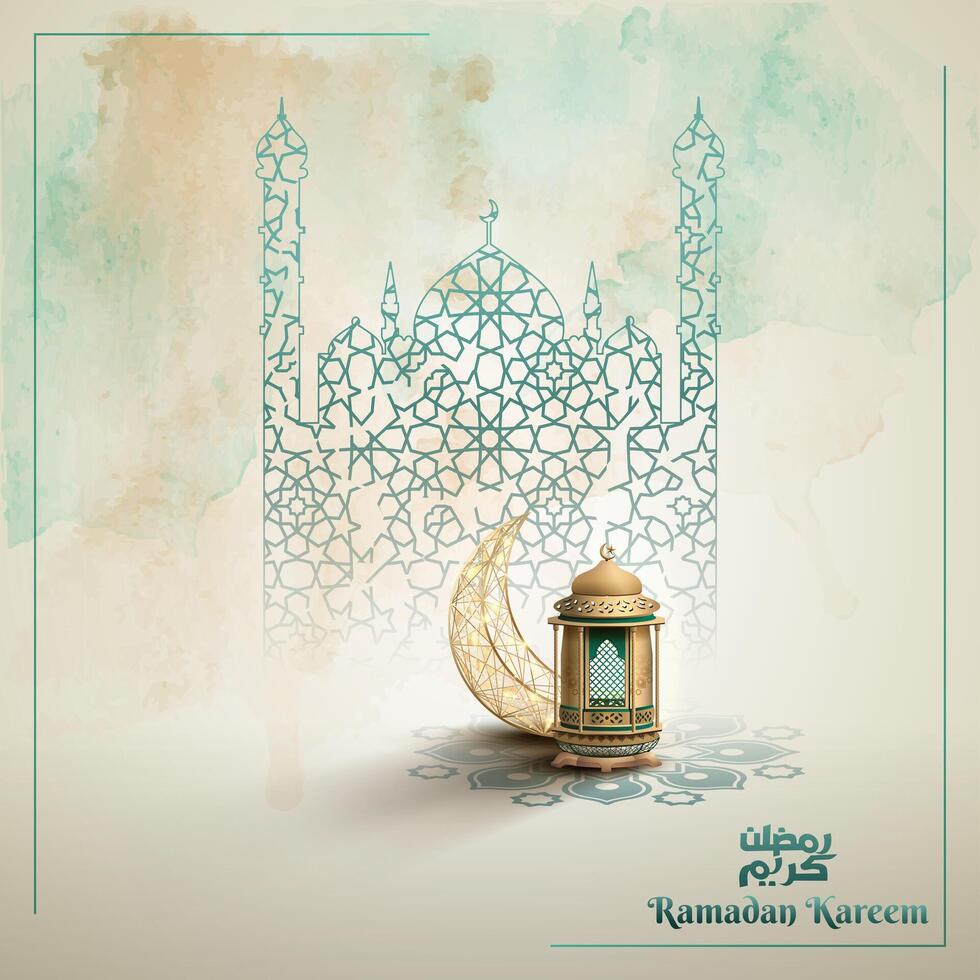 Islamic Ramadan greeting card with lantern and crescent moon ornaments. luxurious Islamic decorative mosque ornament background vector