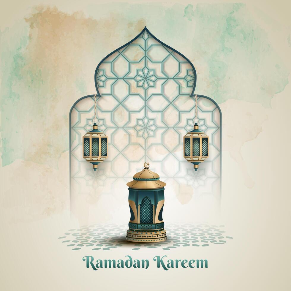 ramadan card with islamic ornament and green lanterns vector