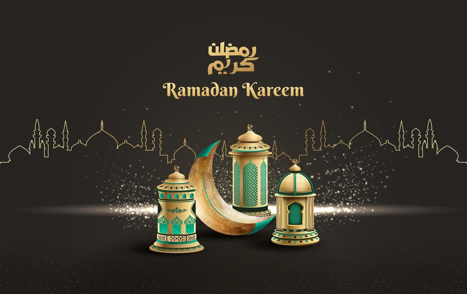 islamic greetings ramadan kareem card design with beautiful lanterns and crescent moon vector