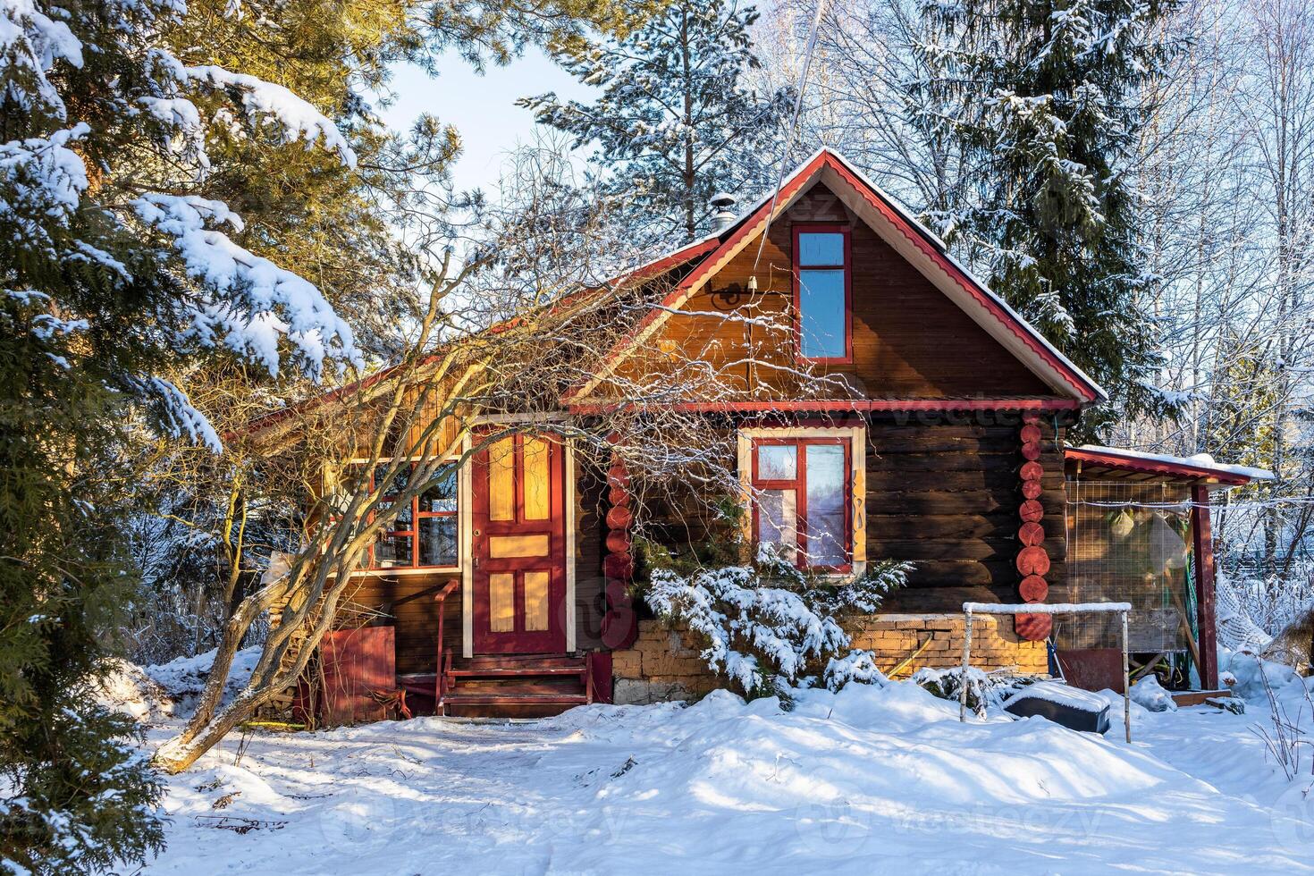 front view of colorful log house on snowy yard photo