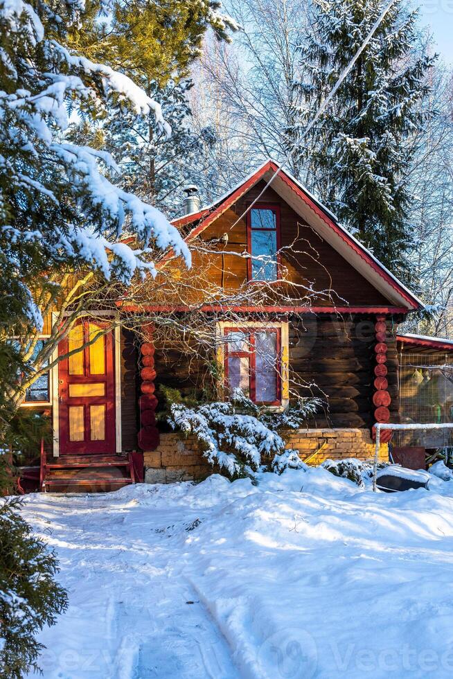 snowy path and colorful log house in winter photo