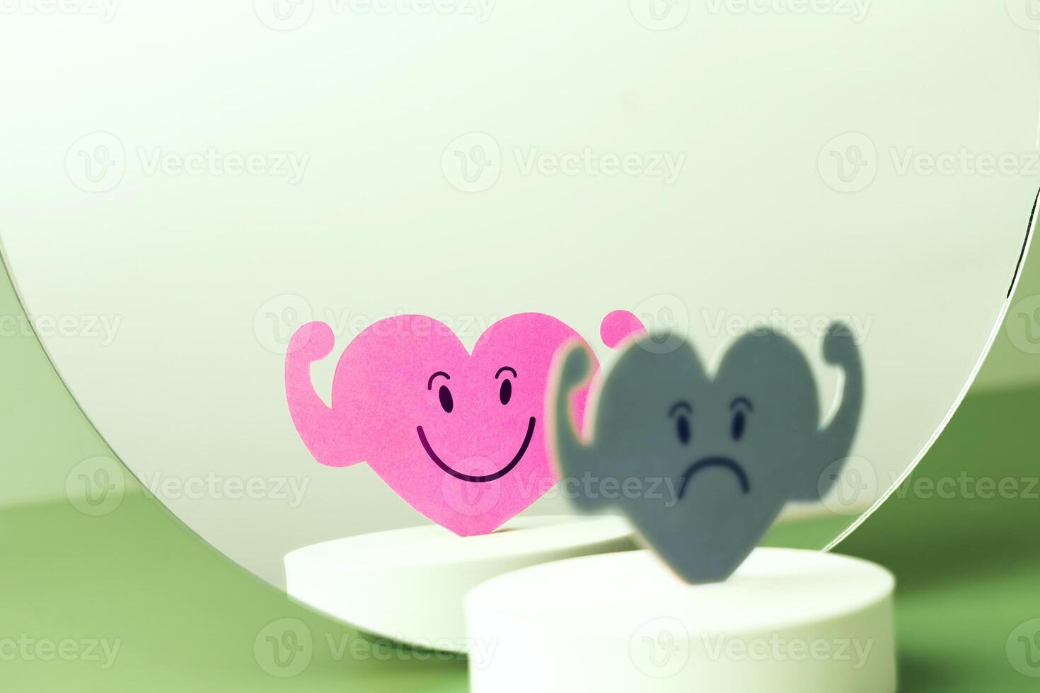 Mental Health Concept. Complexity of Deepest Mind and the Personality to Expressed Different Characteristics in Public. a Sad Face Reflects a Smiling face on Mirror. Bipolar Disorder photo