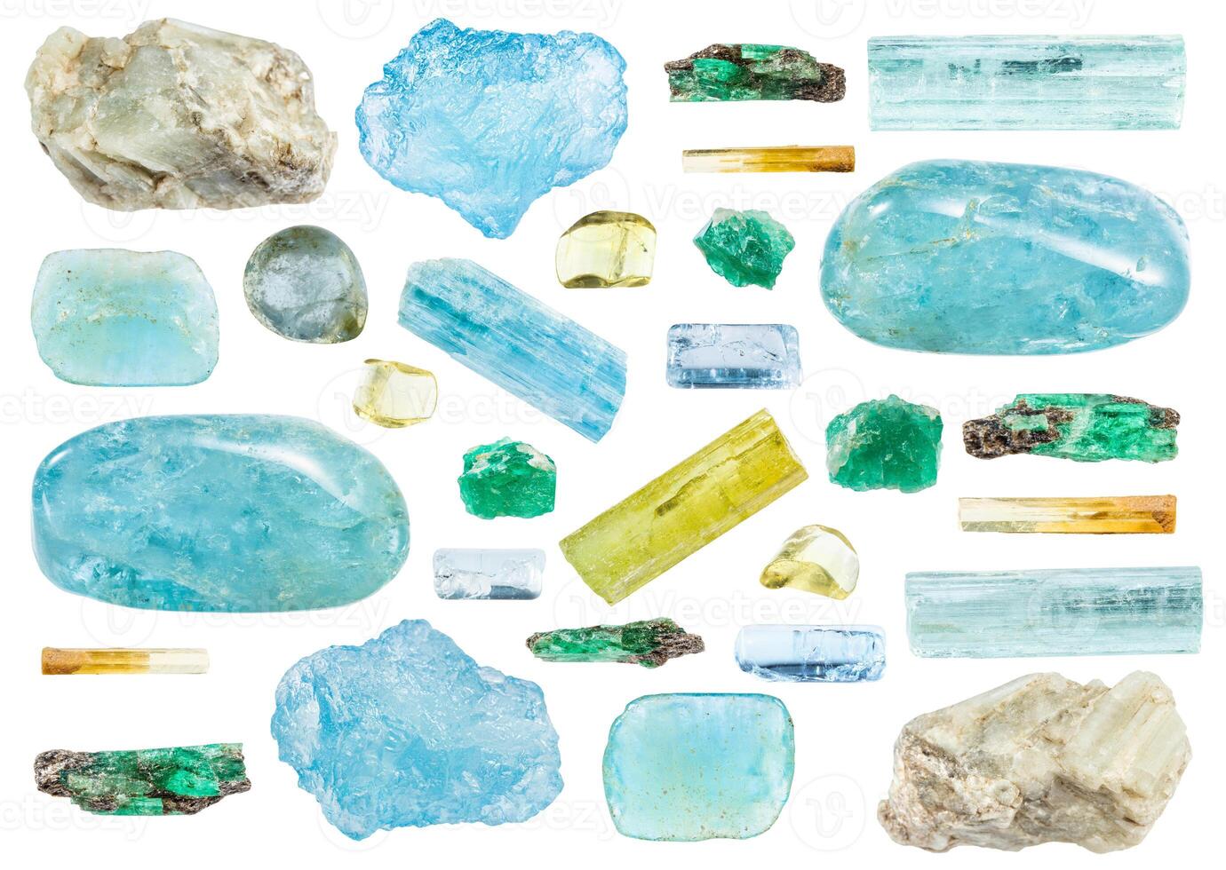 various samples of raw beryl minerals isolated photo