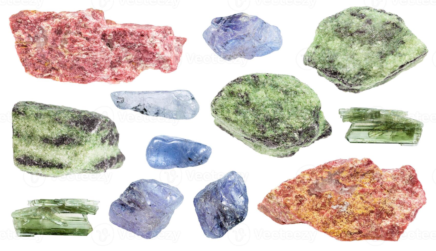 various samples of raw zoisite minerals isolated photo