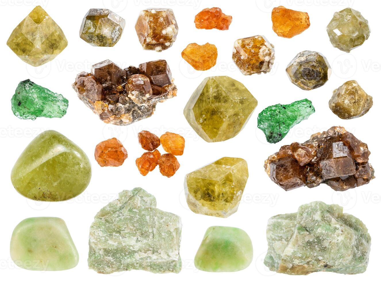 various samples of raw grossular minerals isolated photo
