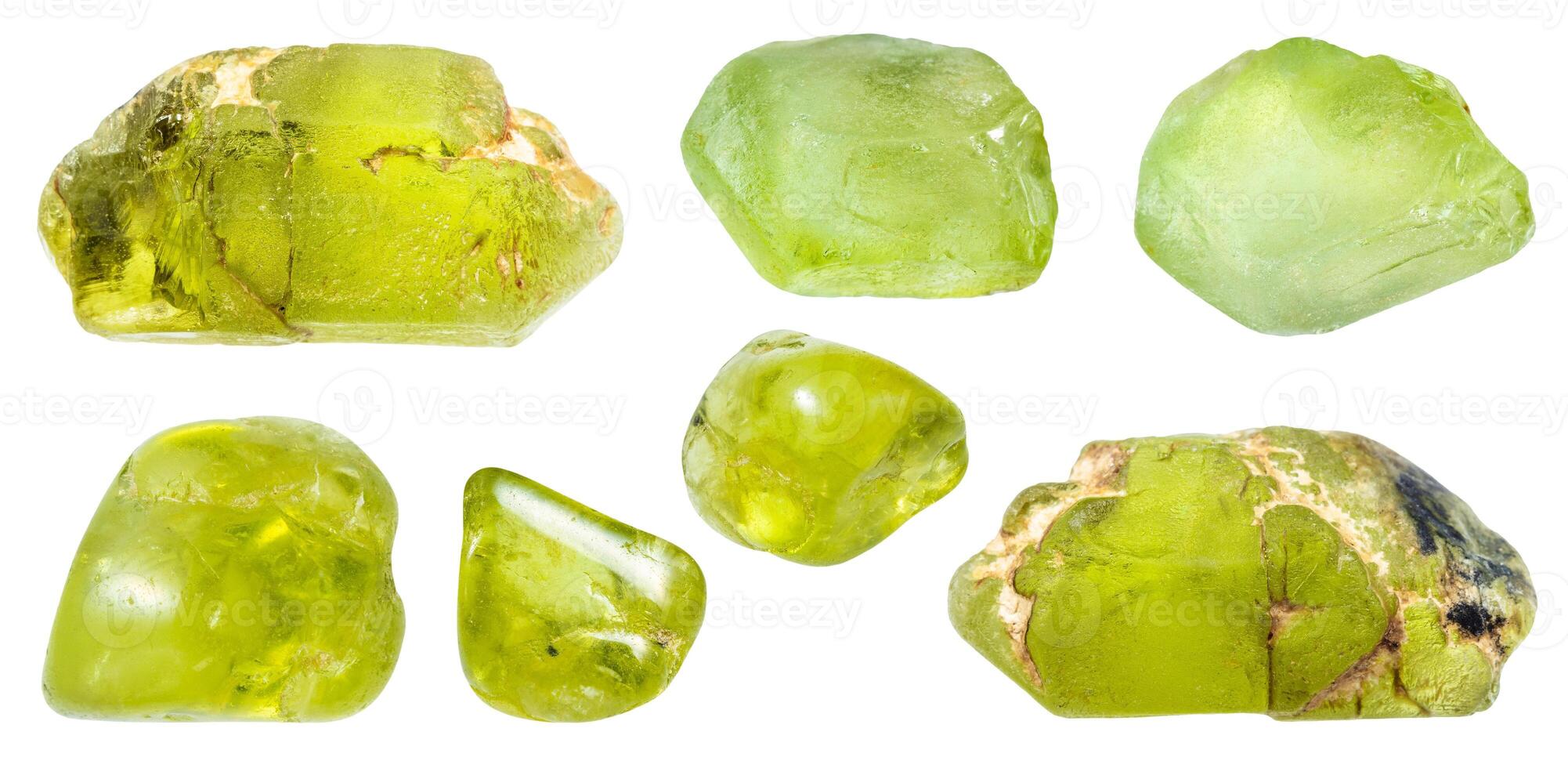 various samples of raw peridot minerals isolated photo