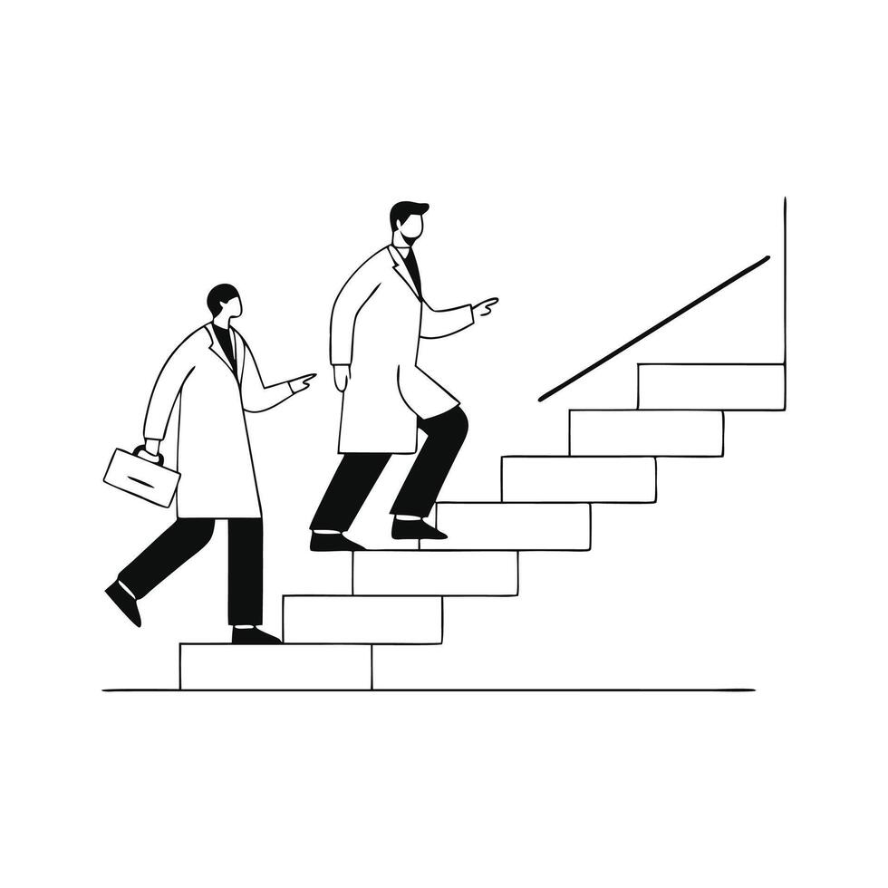 Two professionals in lab coats walking down a staircase indicating a dynamic and scientific atmosphere Hand drawn Doodle line art flat illustration on white background vector
