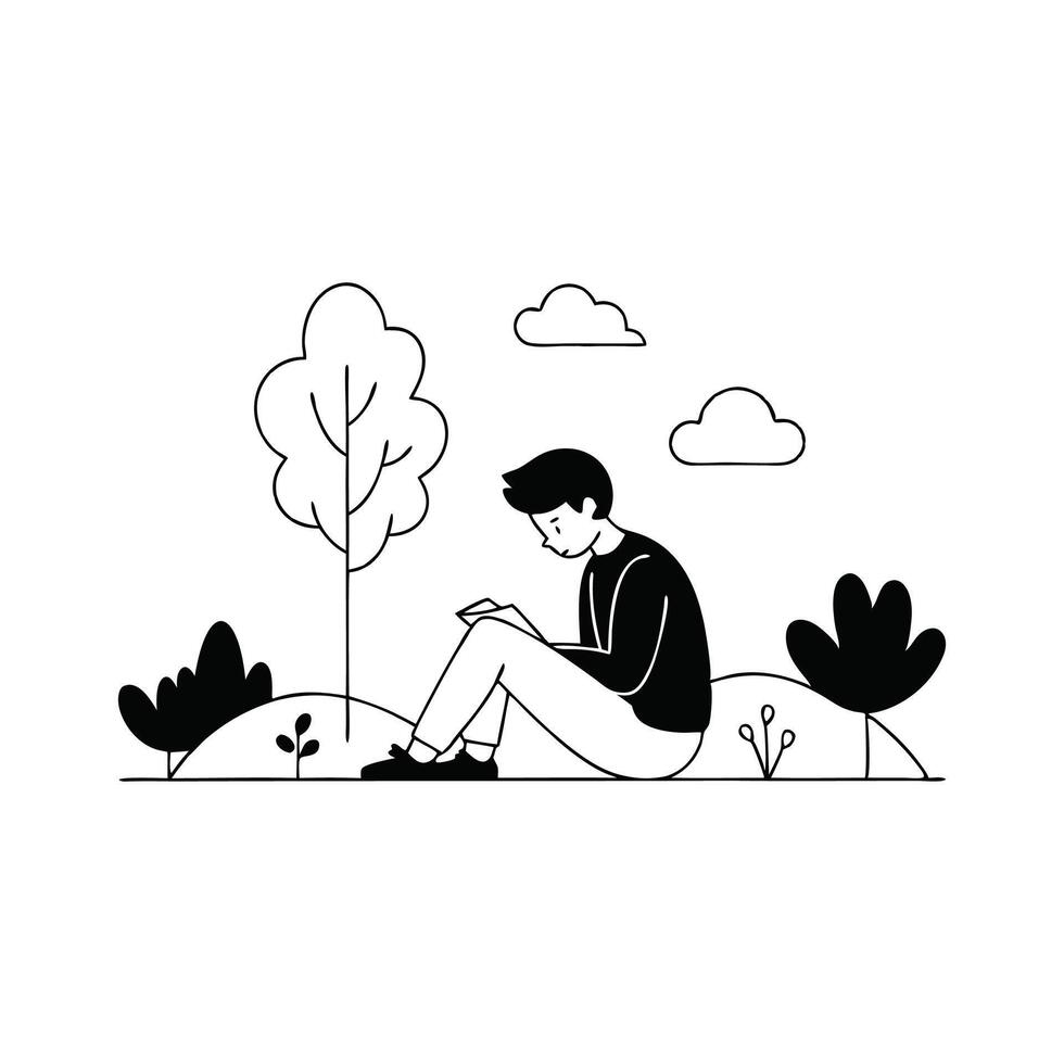 A peaceful scene of a person journaling in a park illustrating self discovery and emotional recovery following a breakup Hand drawn Doodle line art flat illustration on white background vector