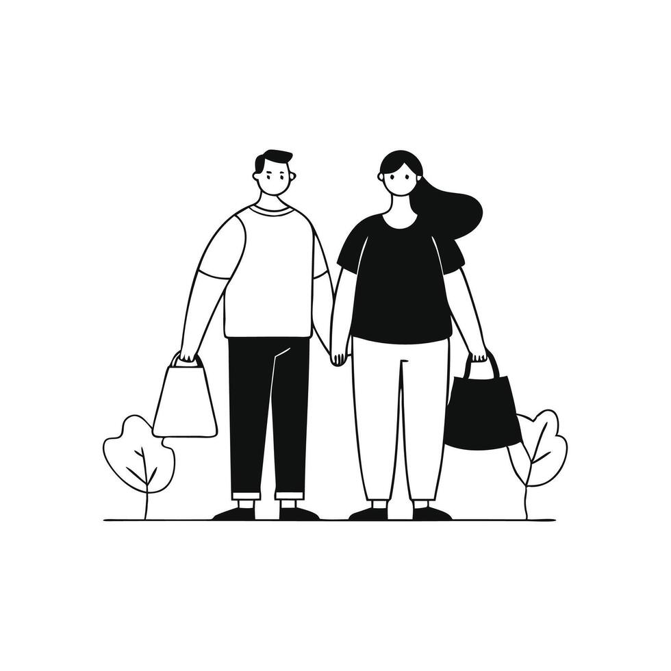 Two individuals holding plastic bags standing together in a casual setting Hand drawn Doodle line art flat illustration on white background vector