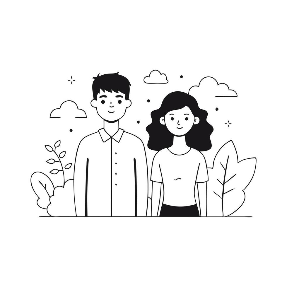 Young couple stands together appearing joyful in a relaxed outdoor environment Hand drawn Doodle line art flat illustration on white background vector