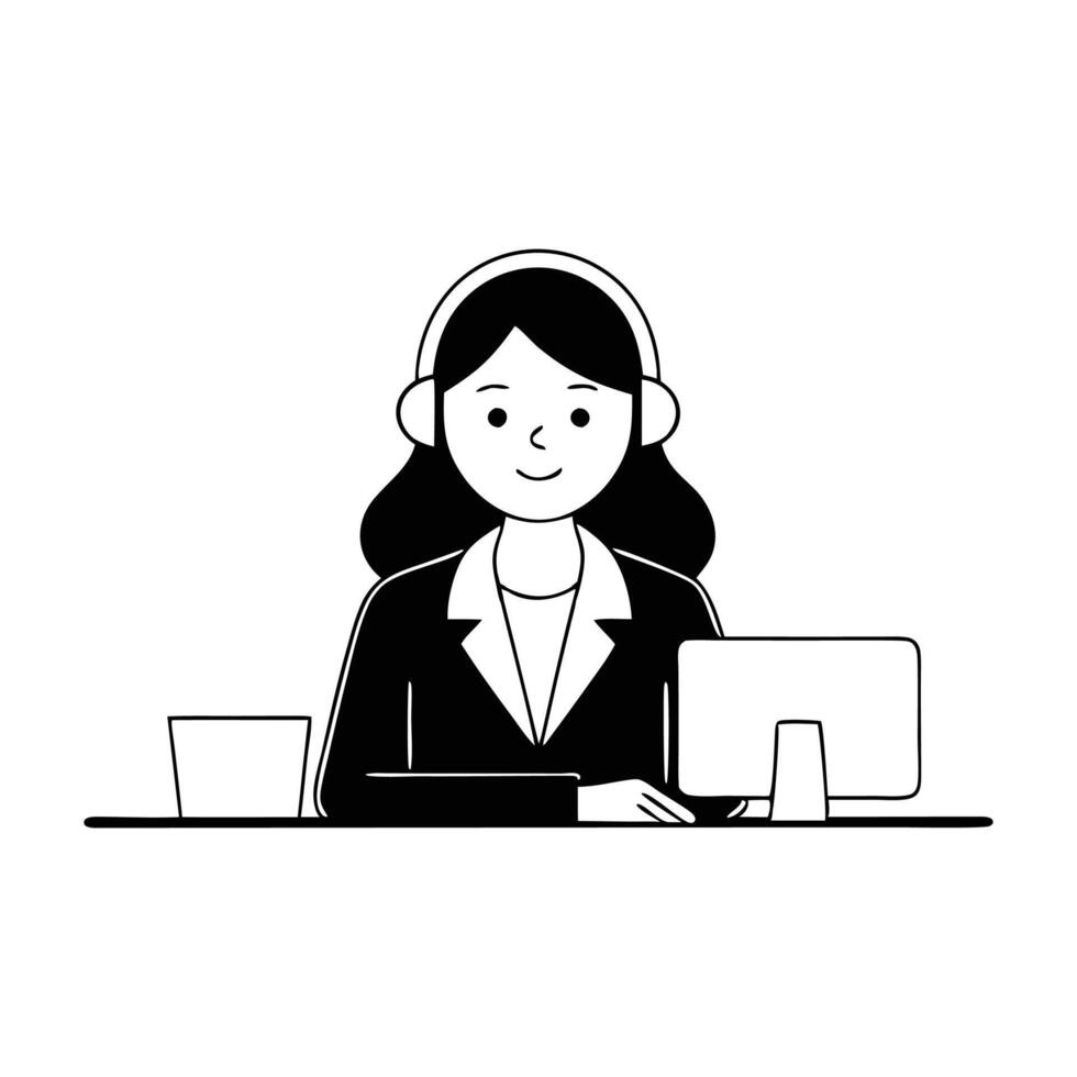 Asian woman in a business suit seated at a computer wearing a headset focused on her work Hand drawn Doodle line art flat illustration on white background. vector