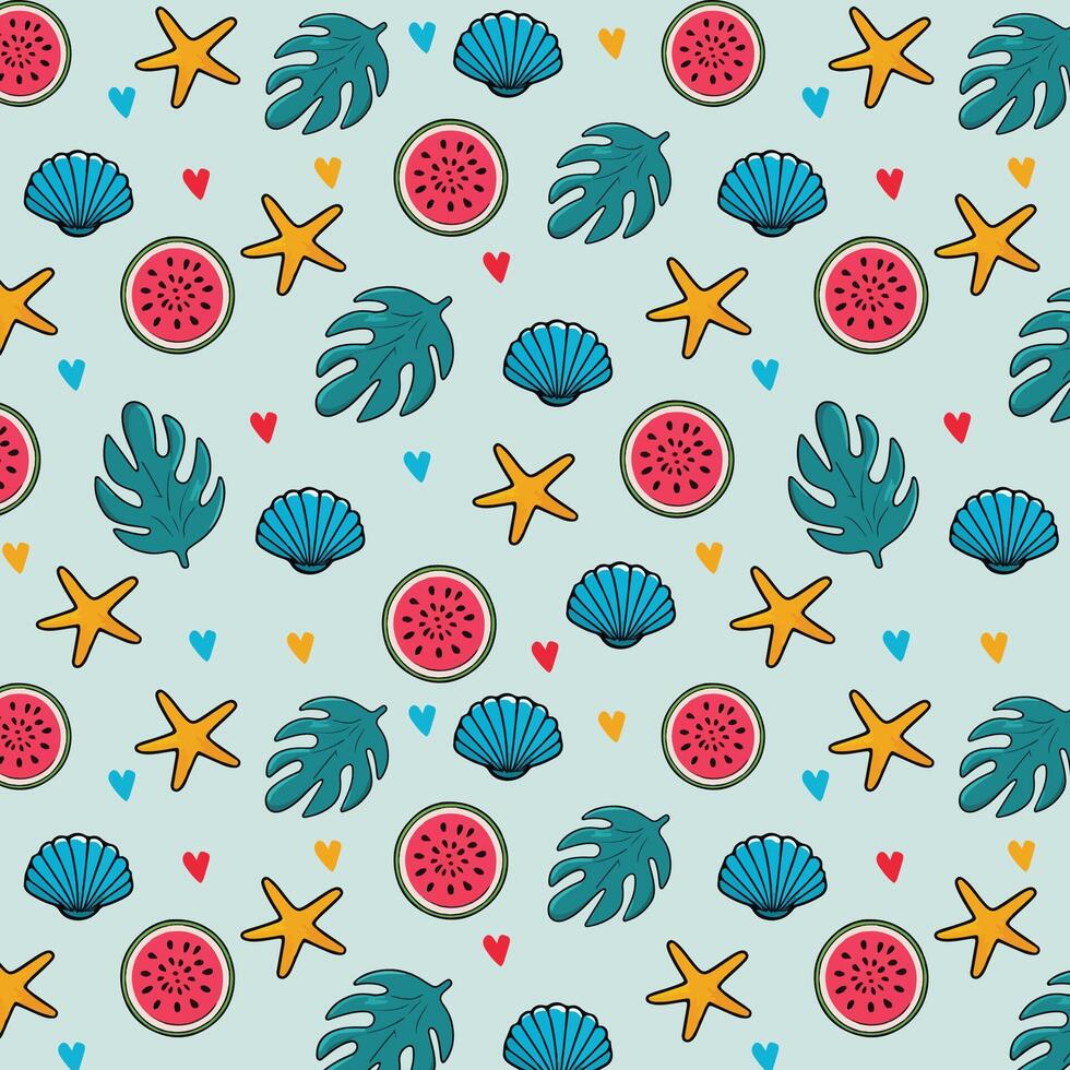 pattern with watermelon, starfish and seashells vector