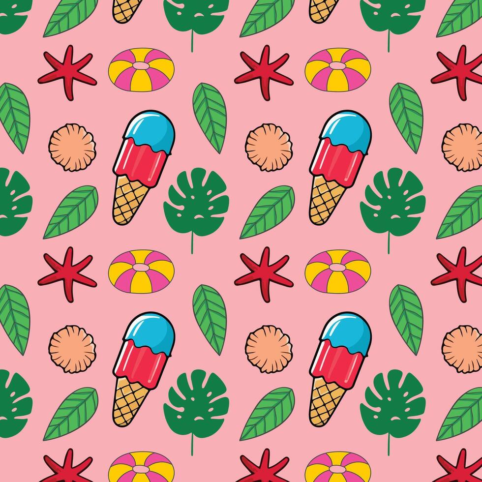 pattern with ice cream and tropical leaves. vector