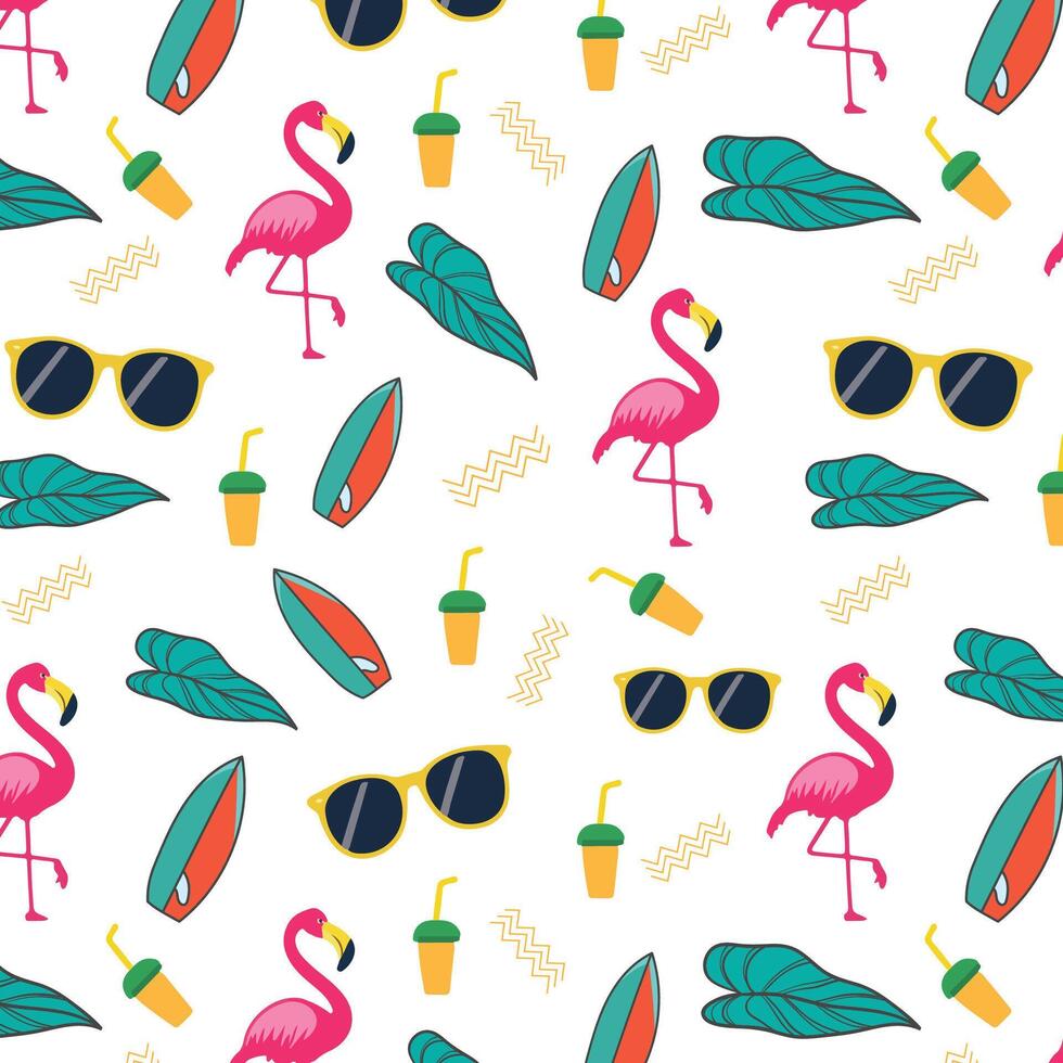 pattern with flamingo, sunglasses, cocktail and tropical leaves. vector