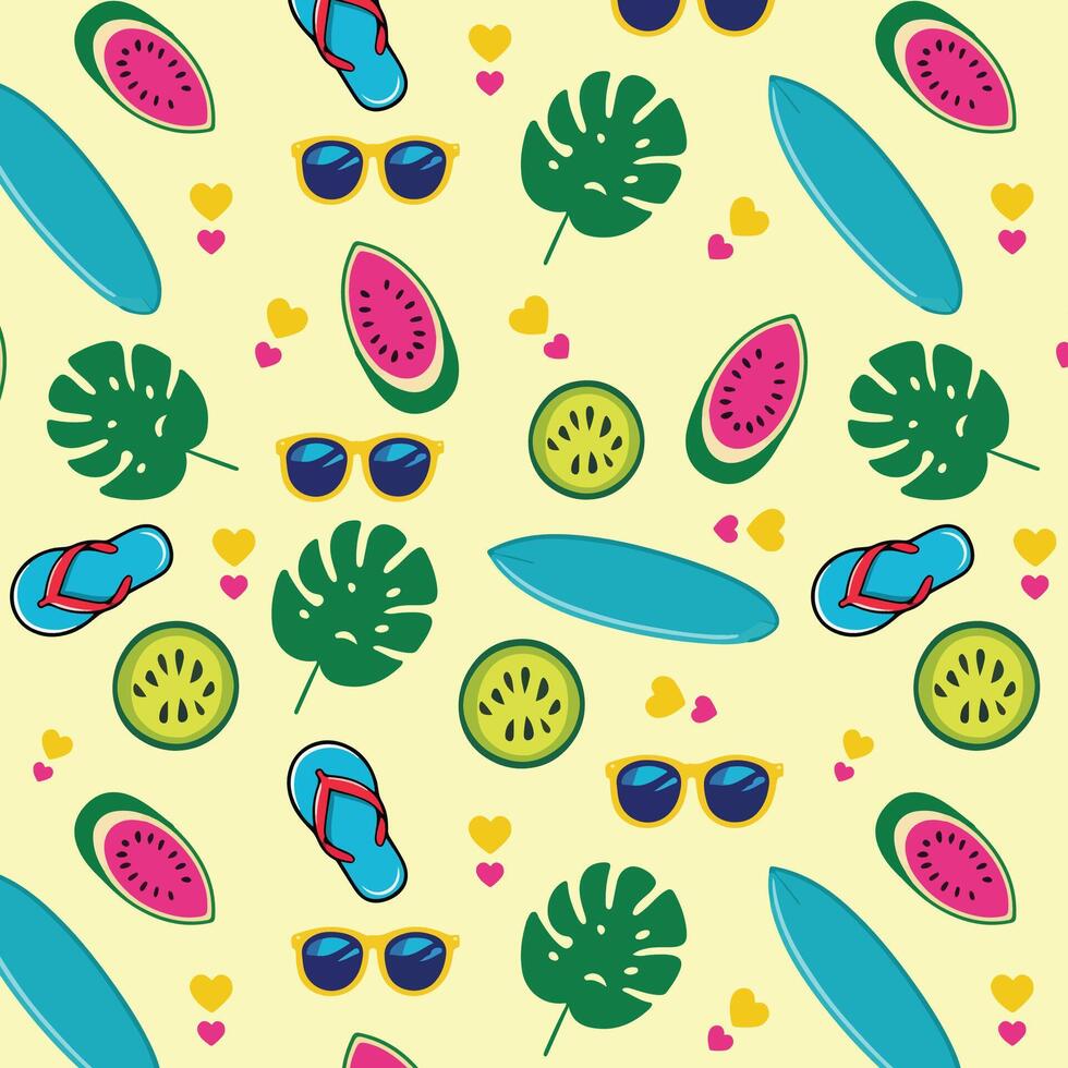 summer pattern with watermelon, sunglasses and flip flops vector