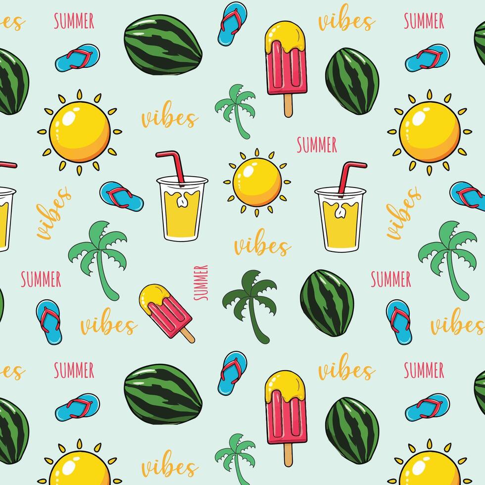pattern with watermelons, ice cream, flip flops and palm trees. Summer background. vector