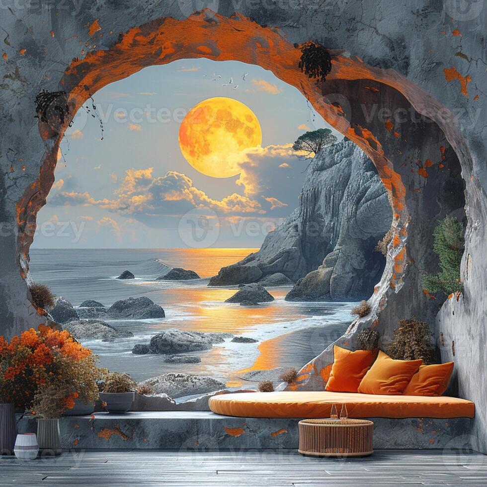 A cave with orange cushions and a view of the ocean photo