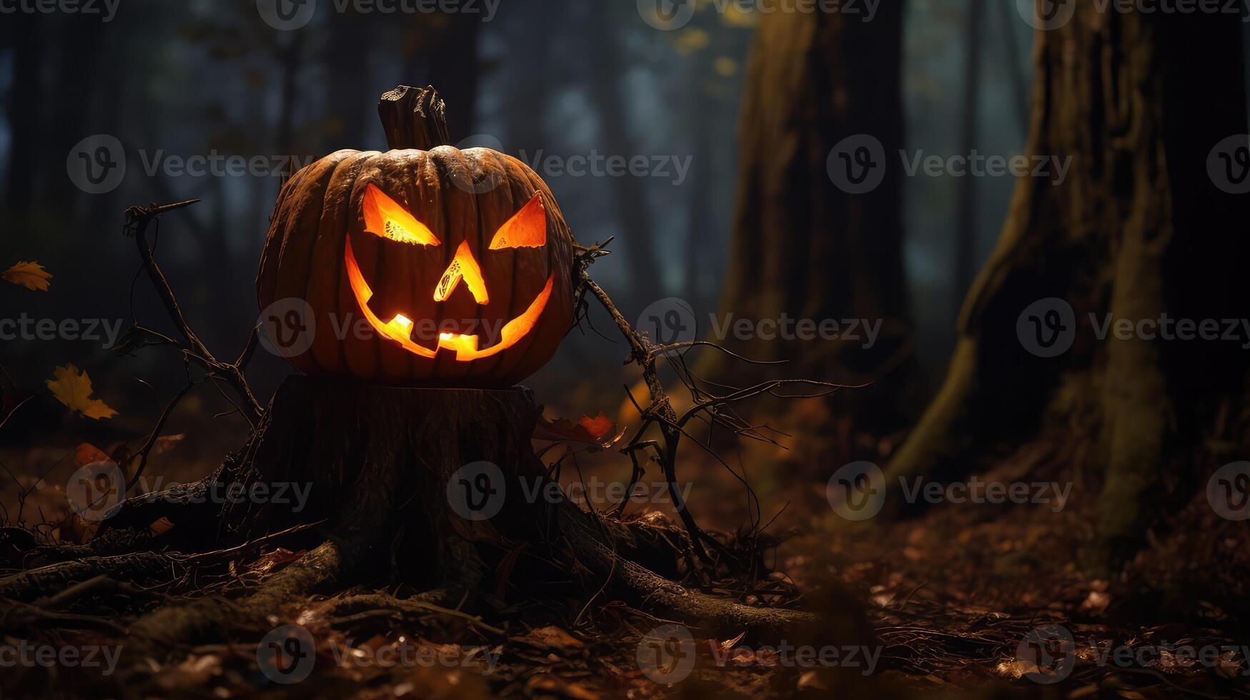 lit jack o lantern on wood photo