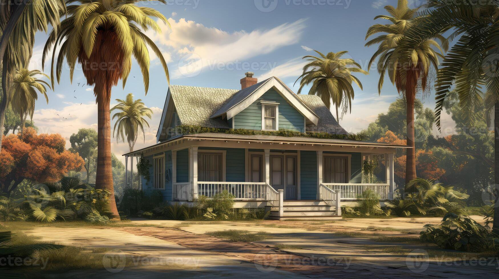 porch home with palm trees photo