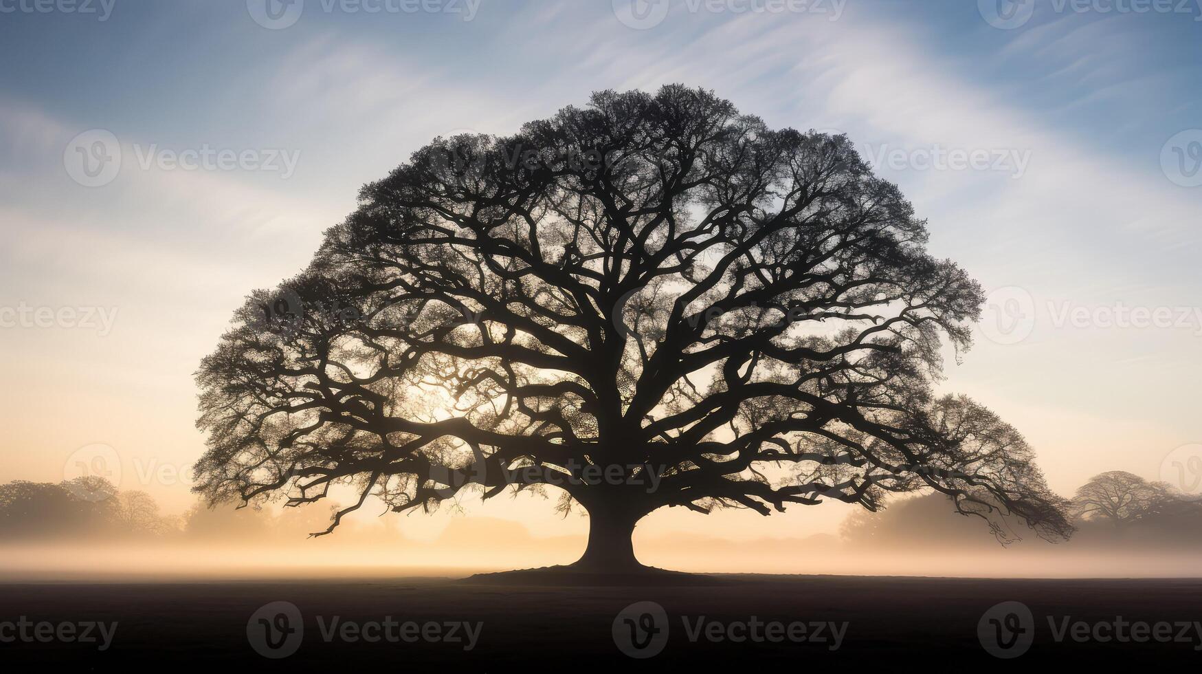 foggy large oak tree silhouette photo