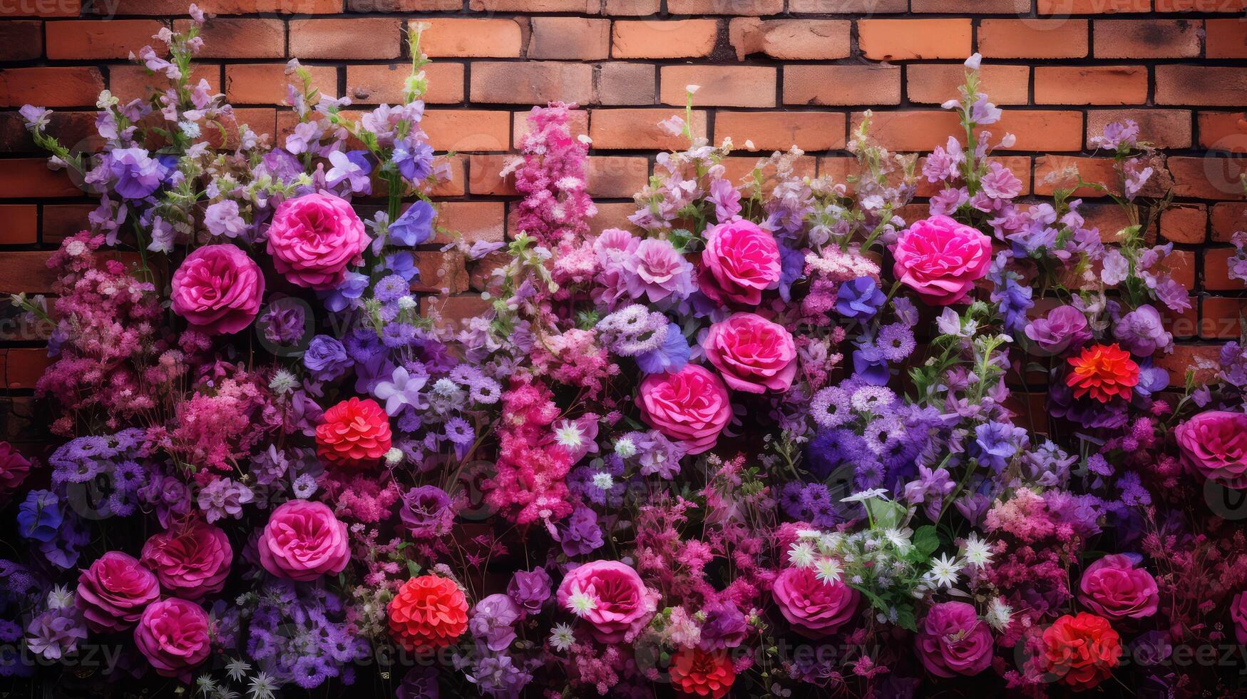pink brick wall with flowers photo