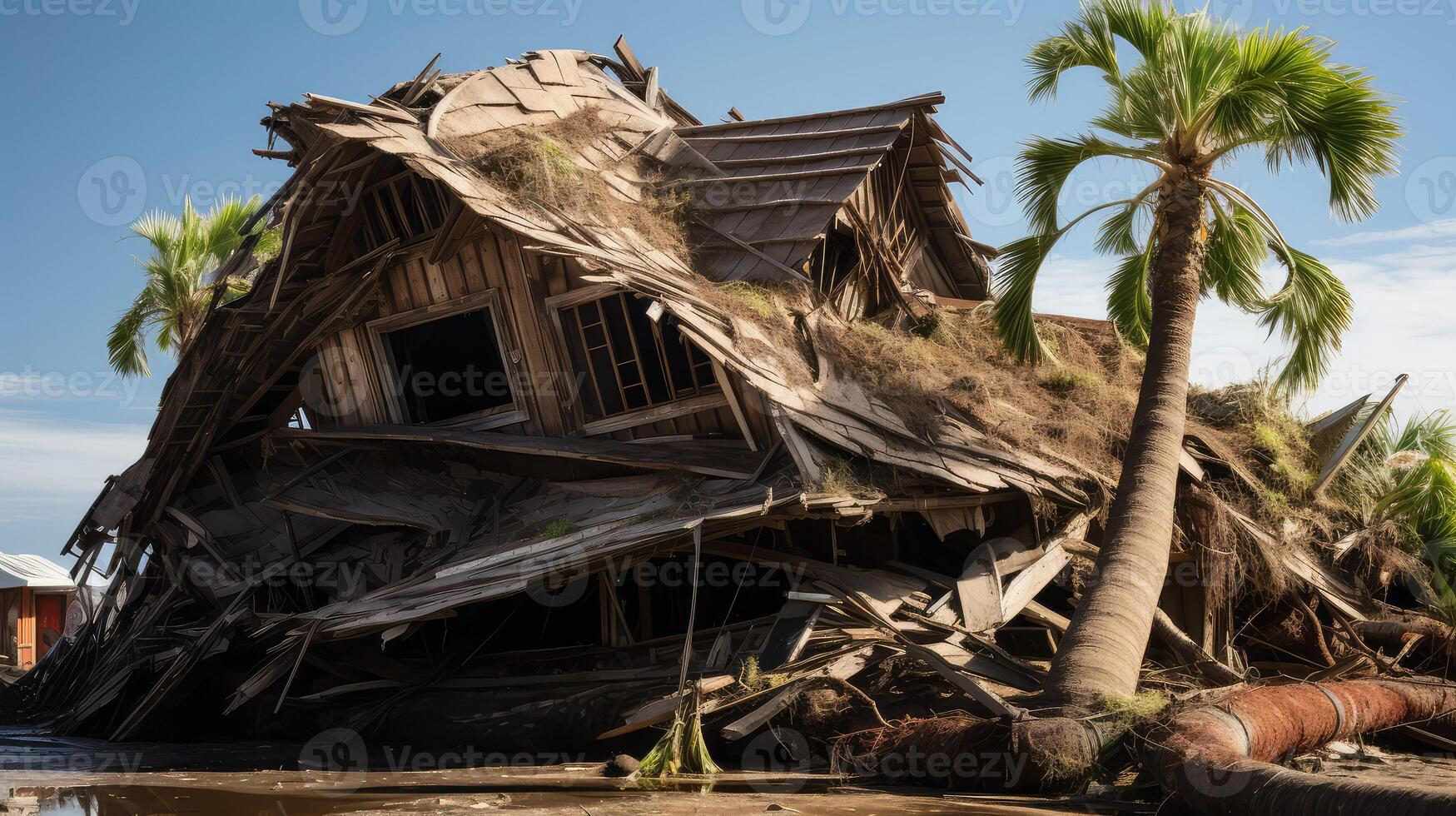 uprooted wind damage palm tree house photo